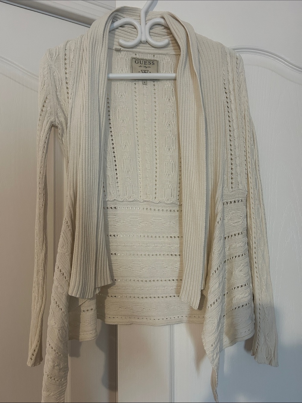 GUESS Cream Open-Front Knit Cardigan with Draped Collar